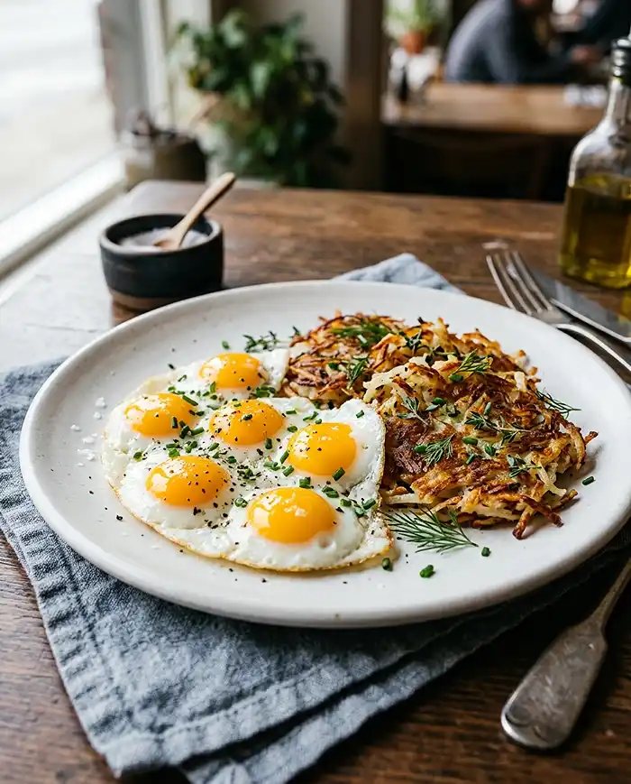 Breakfast Skillet and Plate Recipes 3 Quail egg grand slam breakfast plate with sunny-side-up quail eggs, crispy hash browns, and fresh herbs