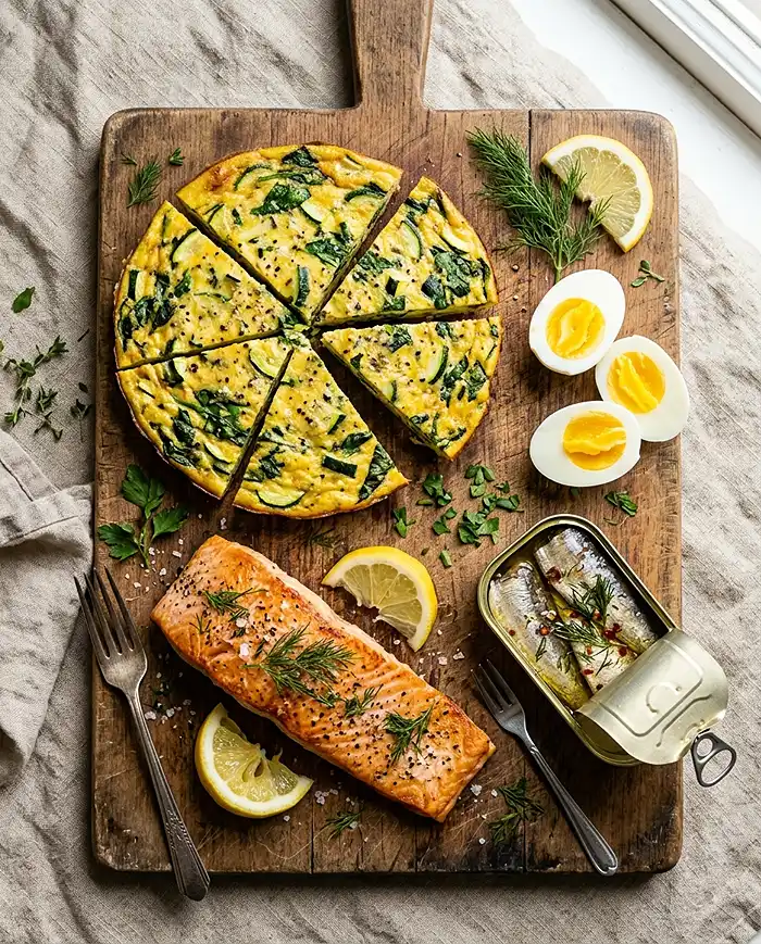SIBO Recipes 6 SIBO-friendly clean protein meal prep with salmon, eggs, and frittata slices on a wooden board