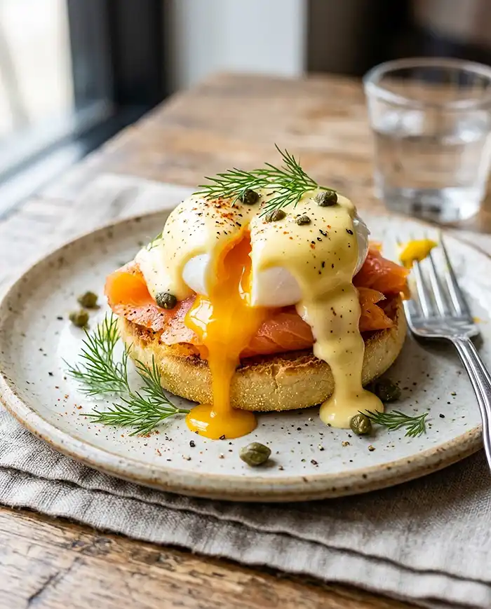 Smoked salmon eggs benedict with poached egg, hollandaise sauce, and dill garnish on English muffin