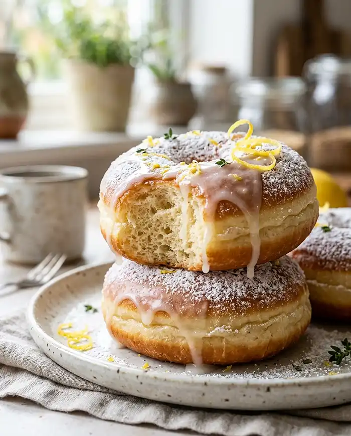 Donut Recipes 2 Soft lemon brioche donuts with glaze and powdered sugar on a ceramic plate with fresh lemon zest