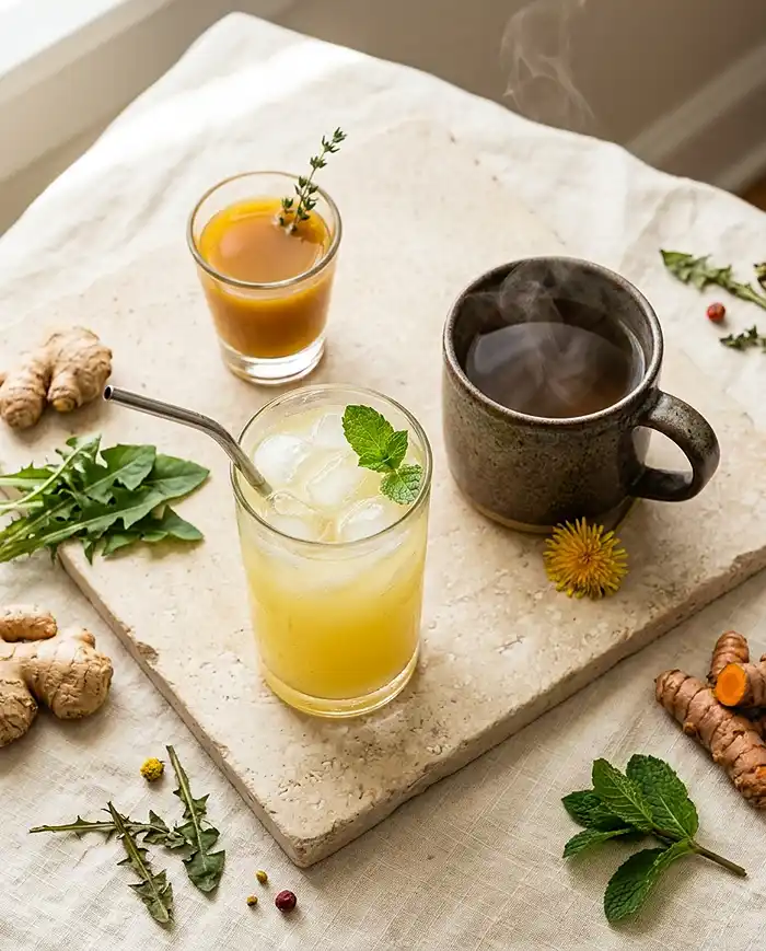 SIBO Recipes 10 Three gut-healing drinks for SIBO including ginger shots, pineapple juice, and dandelion root tea on a tray