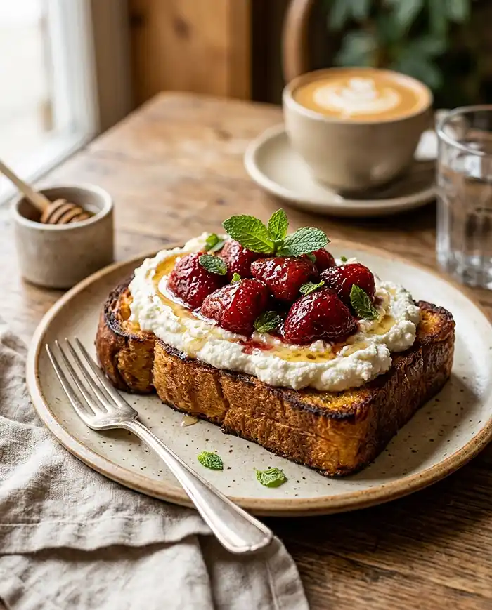 Breakfast Toast Recipes 4 Whipped ricotta toast topped with roasted strawberries and honey