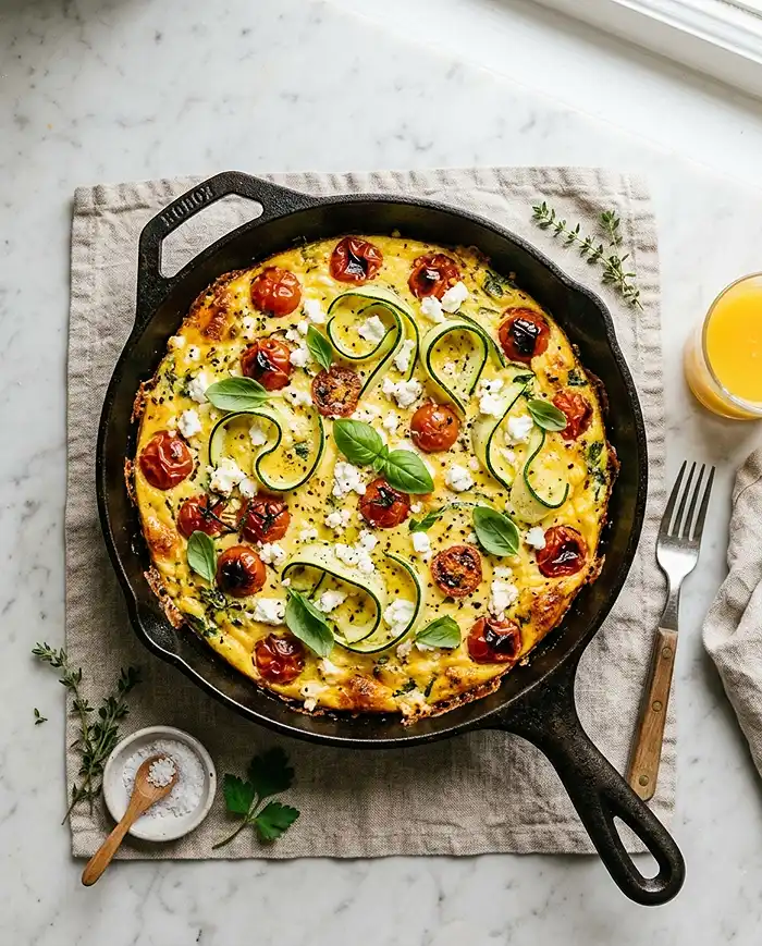 Breakfast and Brunch Recipes 7 A golden frittata in a cast iron skillet with roasted vegetables and fresh herbs on a farmhouse kitchen counter