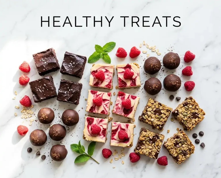 Assortment of healthy dessert recipes including brownies, cheesecake bars, and pumpkin truffles on a marble surface