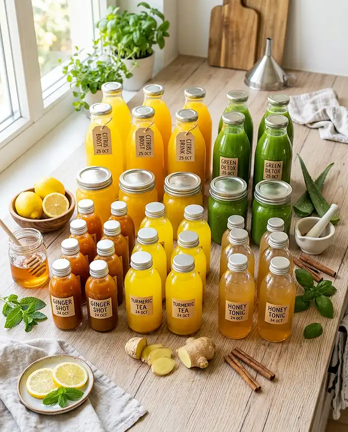 Batch-prepped wellness drink recipes stored in glass bottles for a healthy weekly routine.