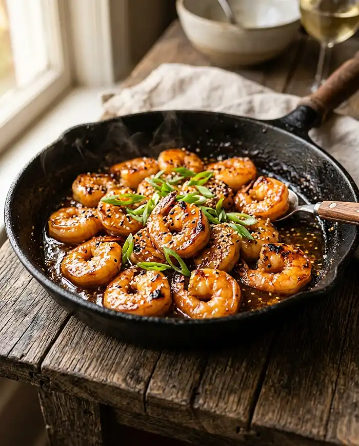 High Protein Dinner Recipes 4 Cast iron skillet of high protein honey garlic shrimp coated in a glossy amber glaze garnished with sesame seeds and green onions