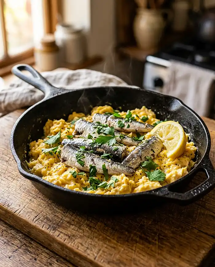 Cast iron skillet with scrambled eggs and sardines garnished with fresh parsley for a high protein savory breakfast