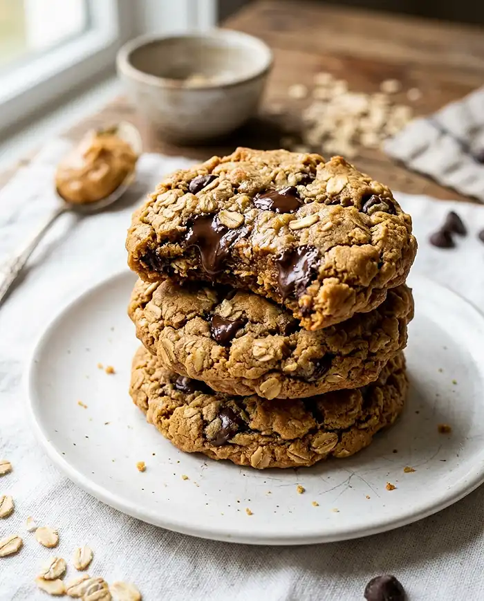 Chewy peanut butter oatmeal chocolate chip cookies stacked on a plate with oats and peanut butter nearby