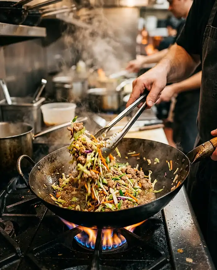 Classic egg roll in a bowl being stir fried in skillet with cabbage and aromatics