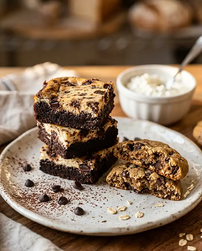 High Protein Dessert Recipes 6 Cottage cheese cheesecake brownies and a protein Greek yogurt cookie on a dessert plate