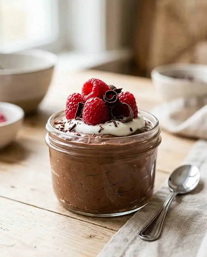 High Protein Dessert Recipes 2 Creamy Greek yogurt chocolate mousse topped with chocolate curls and raspberries