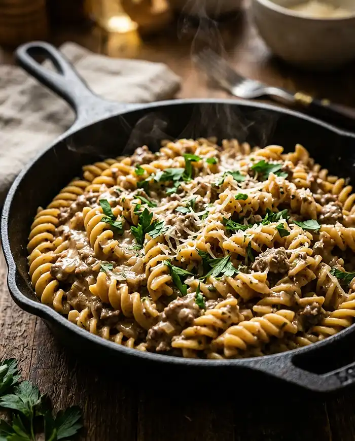 High Protein Pasta Recipes 2 Creamy high protein beef pasta in a skillet with rich sauce and ground beef
