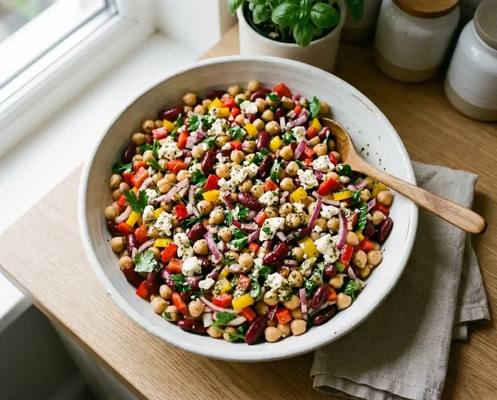 Dense bean salad recipe in a white bowl with beans, peppers, and feta