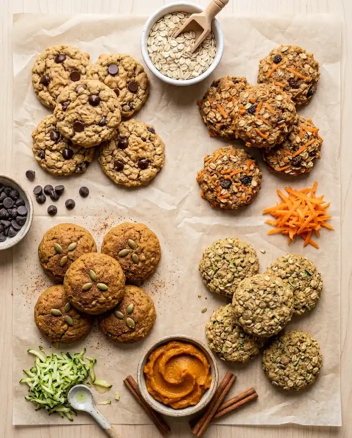 Four varieties of healthy oatmeal cookies displayed with oats, chocolate chips, carrots, pumpkin, and zucchini