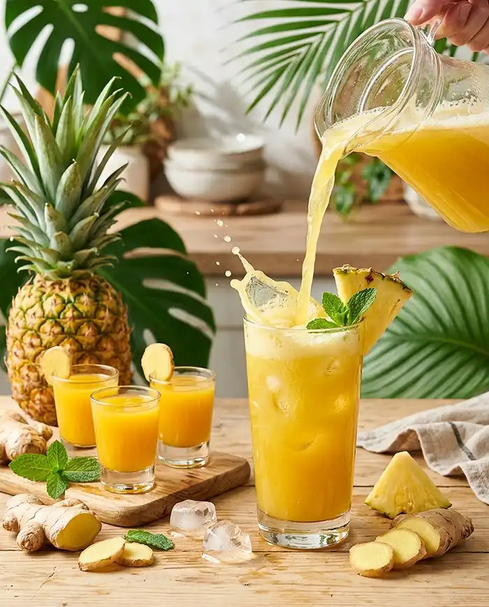 Fresh pineapple ginger juice and wellness shots made with real pineapple and ginger root.