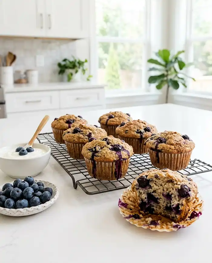 Freshly baked healthy Greek yogurt blueberry protein muffins on a cooling rack with one broken open showing moist fluffy interior