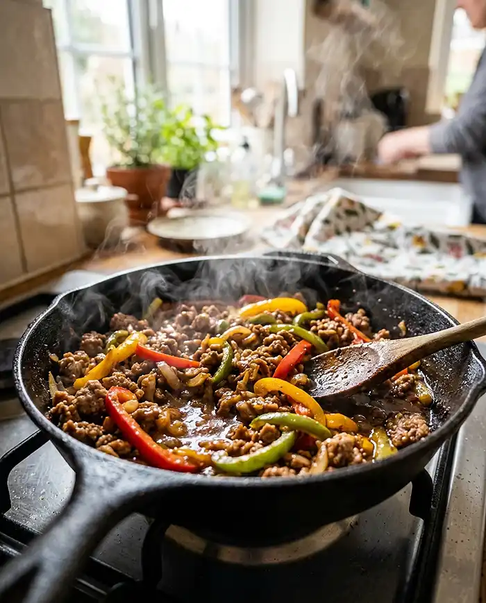 Ground Turkey Dinner Recipes 2 Ground turkey dinner recipes highlight colorful turkey and peppers skillet cooked in a rustic pan.