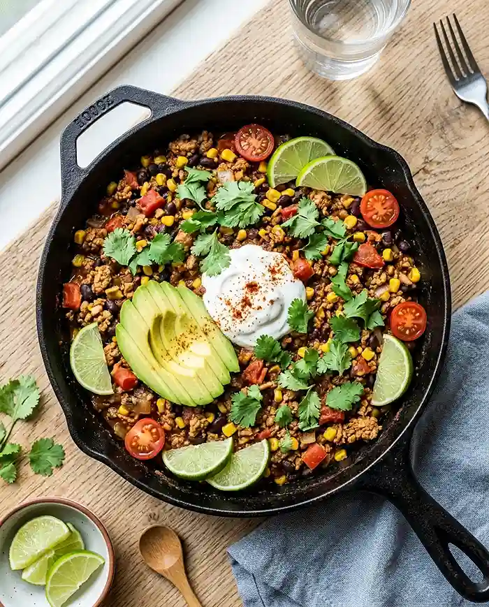 Ground Turkey Dinner Recipes 6 Healthy ground turkey taco skillet with beans, corn, and fresh toppings for an easy weeknight meal.