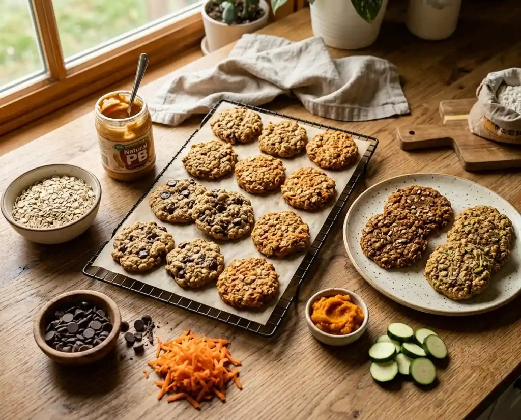 Healthy homemade oatmeal cookies with peanut butter, chocolate chips, carrots, pumpkin, and zucchini on a cozy kitchen counter