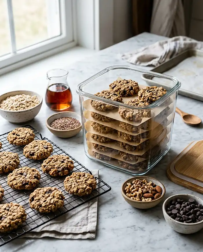 healthy cookie recipes stored in a glass container with oats, maple syrup, flaxseed, nuts, and chocolate chips nearby