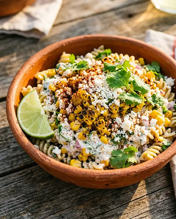 High Protein Pasta Recipes 6 Healthy street corn pasta salad with charred corn, cotija cheese, and creamy dressing