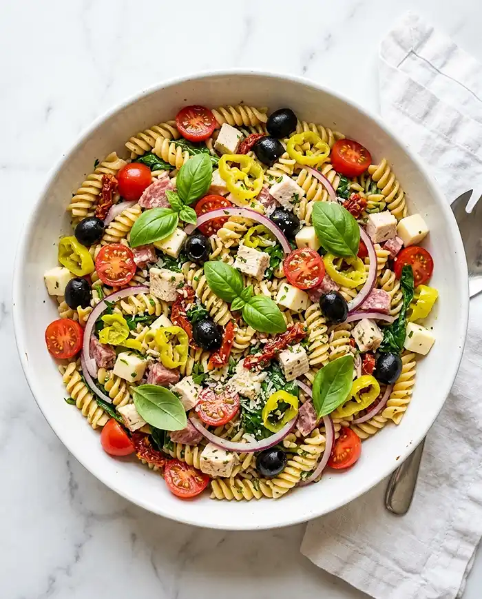 High Protein Pasta Recipes 4 High protein Italian pasta salad with rotini, vegetables, and Italian dressing in a white bowl