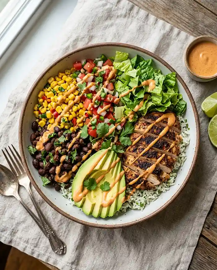 High Protein Dinner Recipes 6 High protein chipotle chicken bowl with sliced smoky chicken, rice, black beans, corn, pico de gallo, and avocado on a linen background