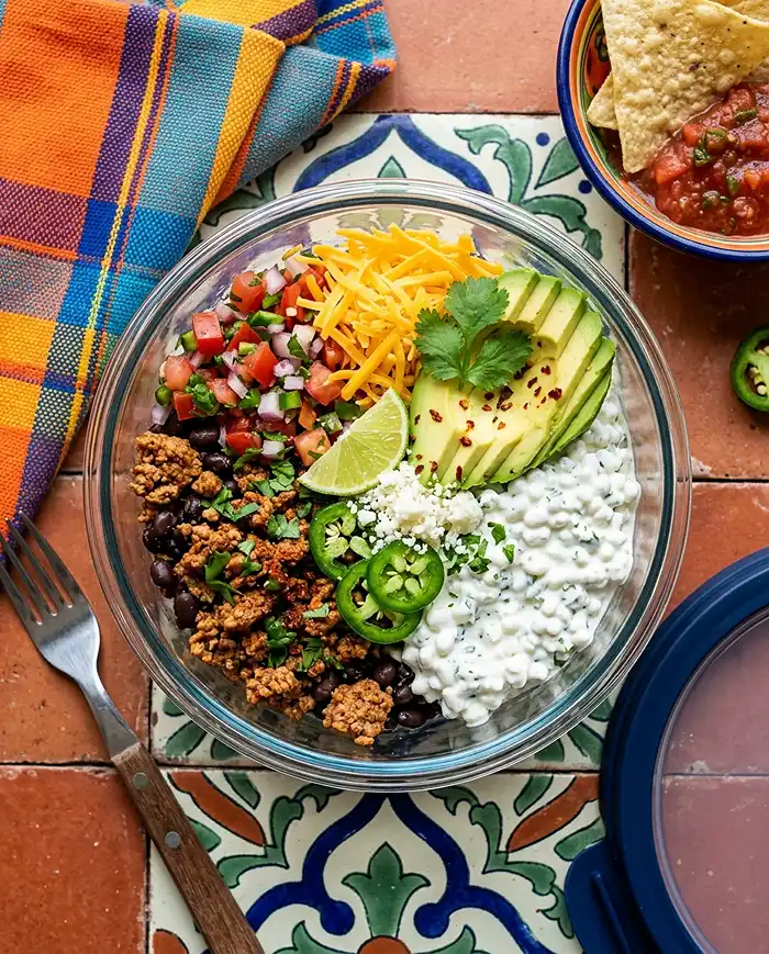 Best Cottage Cheese Bowls Recipes for Weight Loss 6 High-protein cottage cheese taco bowl with ground turkey, pico de gallo and avocado