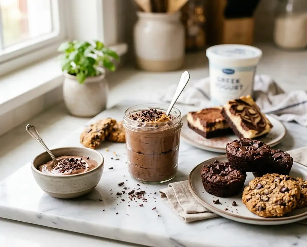 High protein dessert recipes including mousse, cookies, brownies, bites, and pudding on a kitchen counter