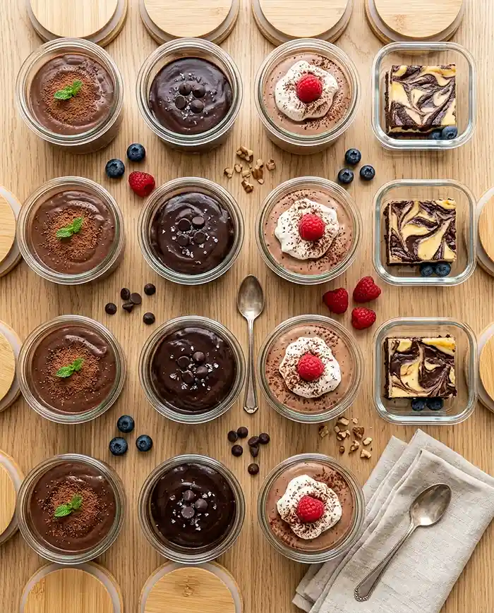 High Protein Dessert Recipes 9 High protein desserts portioned into meal prep containers with berries and chocolate chips