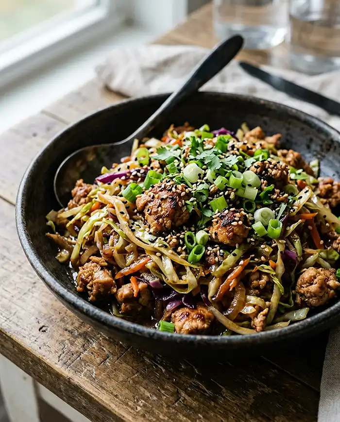 High protein egg roll bowl with savory meat, cabbage, and sesame garnish
