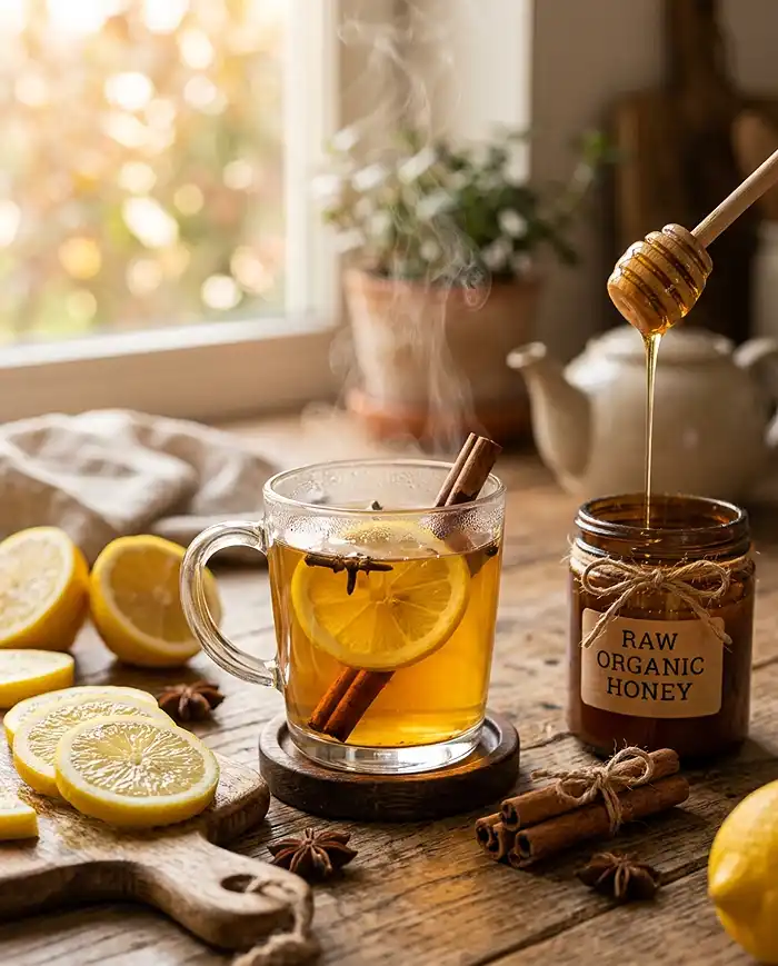 Homemade honey wellness drink made with raw honey and fresh lemon.