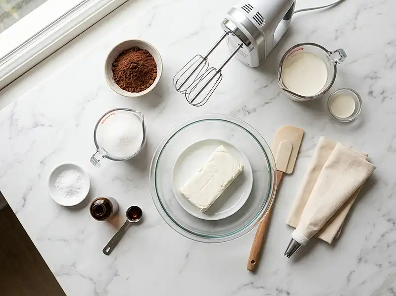 Main ingredients for whipped chocolate cream cheese frosting​