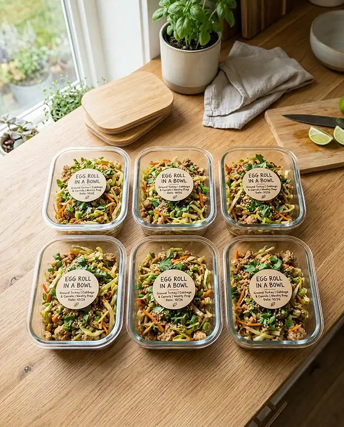 Meal prep egg roll in a bowl recipe in containers for healthy weekly lunches