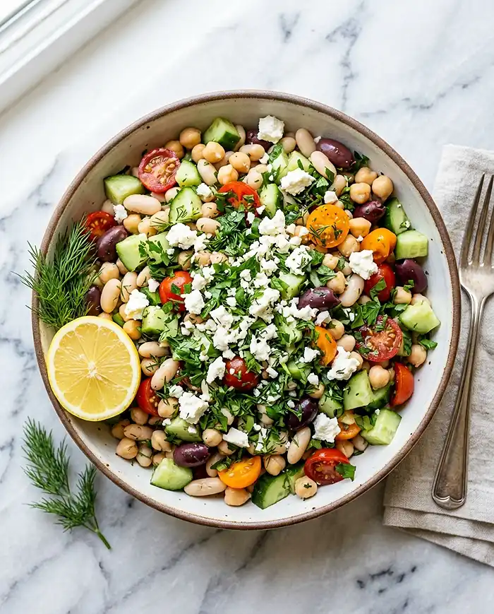 Healthy Dense Bean Salad Recipes 4 Mediterranean dense bean salad with cucumber, tomato, olives, and feta