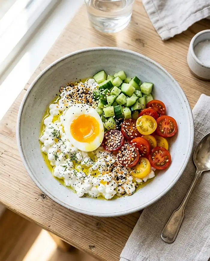 Best Cottage Cheese Bowls Recipes for Weight Loss 5 Savory low-calorie cottage cheese breakfast bowl with soft egg, cucumber and tomatoes