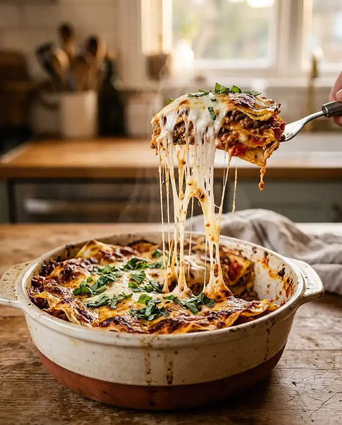 High Protein Dinner Recipes 2 Slice of egg white wrap lasagna being lifted from a baking dish with stretchy melted cheese and rich tomato sauce