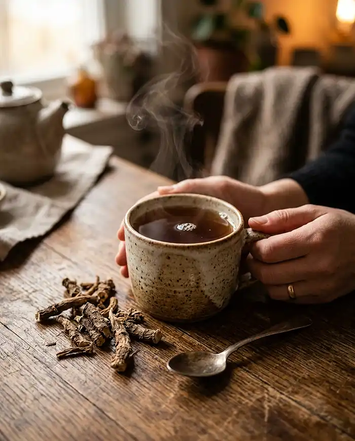 Steaming mug of dandelion root tea for weight loss with dried dandelion root on a wooden table