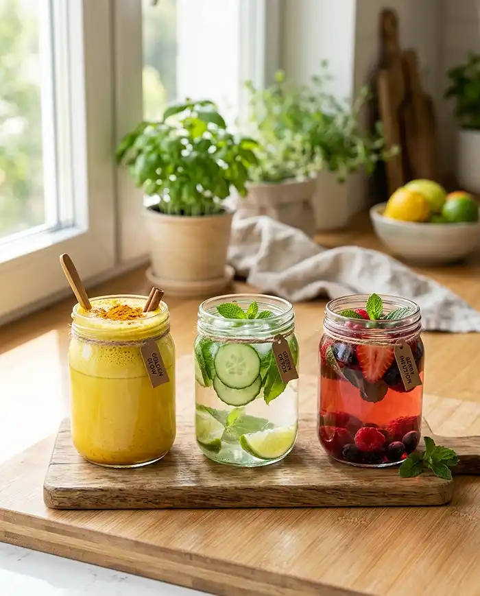 Three colorful homemade fat burning drinks in glass jars on a bright kitchen countertop