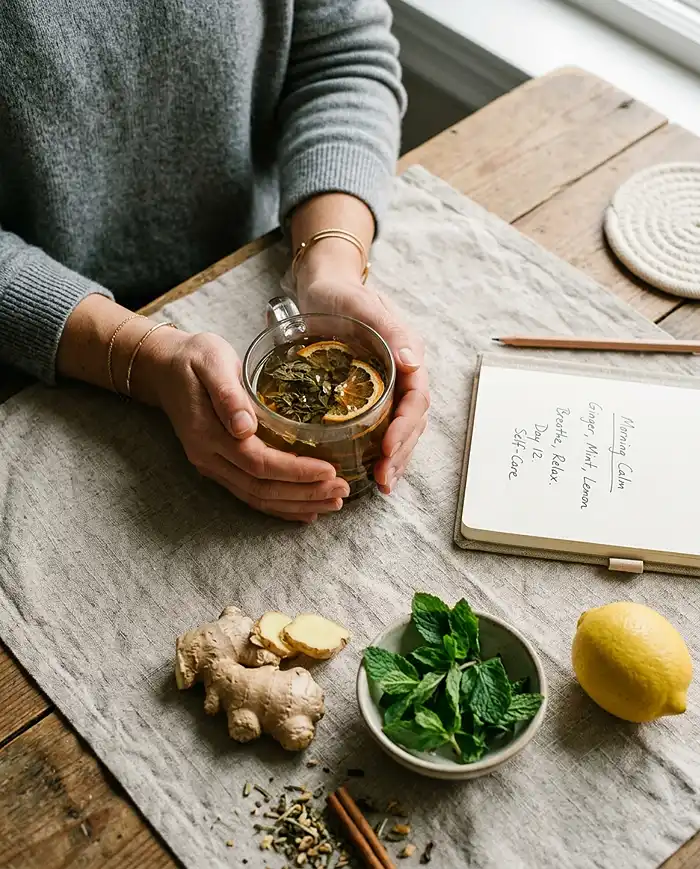 Woman holding a warm mug of herbal tea for weight loss with fresh ginger and mint on a linen surface