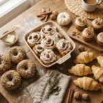 Assorted cozy gluten free baked goods including cinnamon rolls, cupcakes, crescent rolls, and bagels on a rustic table.