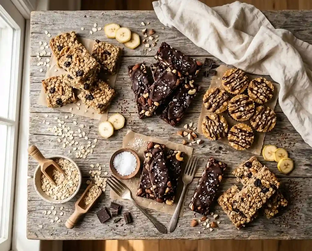 Assortment of homemade healthy snack bars including banana oatmeal, chocolate nut, and no-bake peanut butter varieties arranged on a wooden table