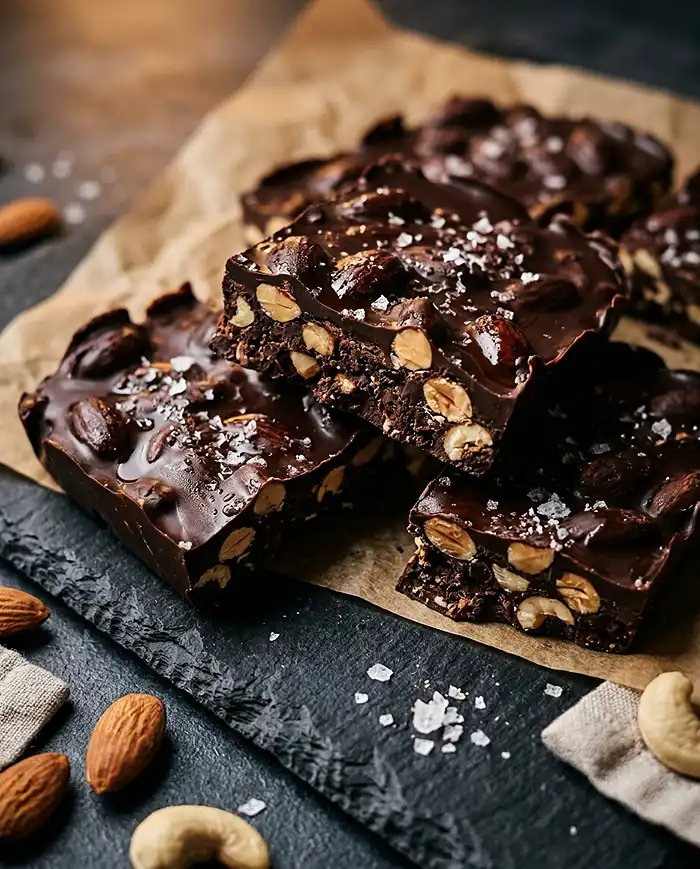 Broken dark chocolate sea salt nut bars showing crunchy nuts and flaky salt on top