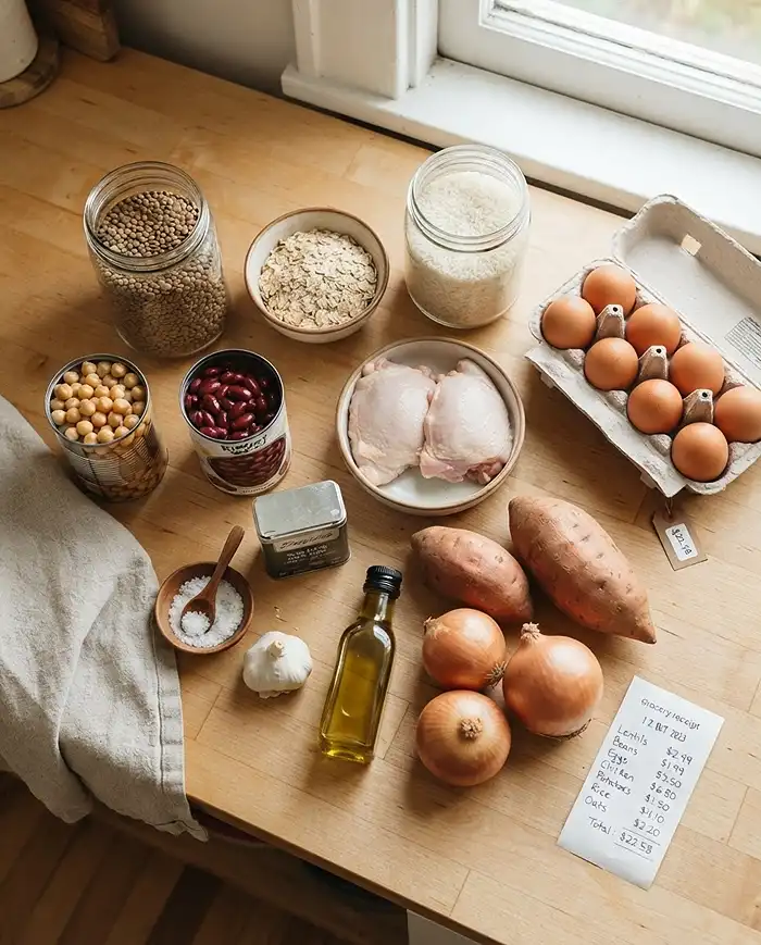 Meal Prep Guides 4 Meal Prep Guides: Budget-friendly meal prep ingredients including lentils, eggs, chicken thighs, sweet potatoes, and pantry staples laid out on a wooden surface