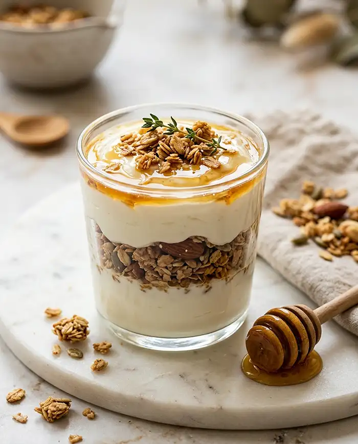 Healthy Breakfast Snacks 2 Close-up of layered Greek yogurt granola cup with honey drizzle on a marble countertop