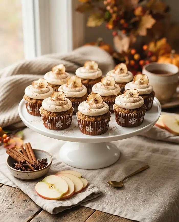 Gluten free apple cider cupcakes with frosting and cinnamon on a cake stand.