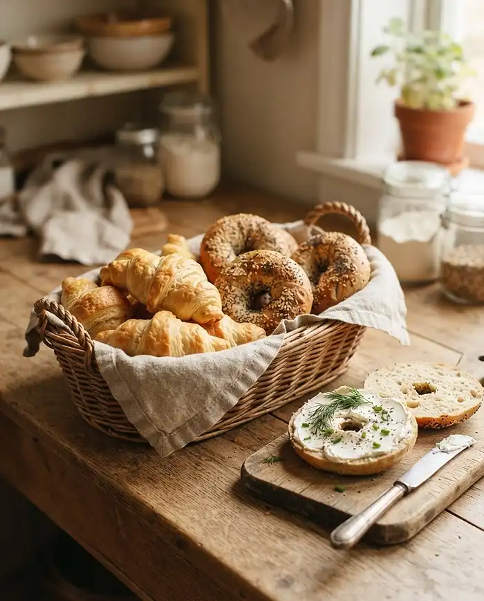 Gluten free crescent rolls and bagels served in a linen-lined basket with cream cheese nearby. gluten free baking recipes