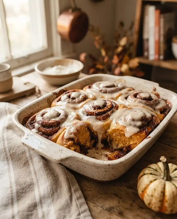 Gluten free pumpkin cinnamon rolls with vanilla glaze in a ceramic baking dish.