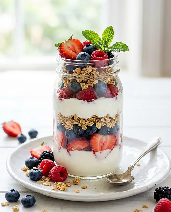 Healthy Breakfast Snacks 4 Layered Greek yogurt berry parfait in a glass jar surrounded by fresh berries