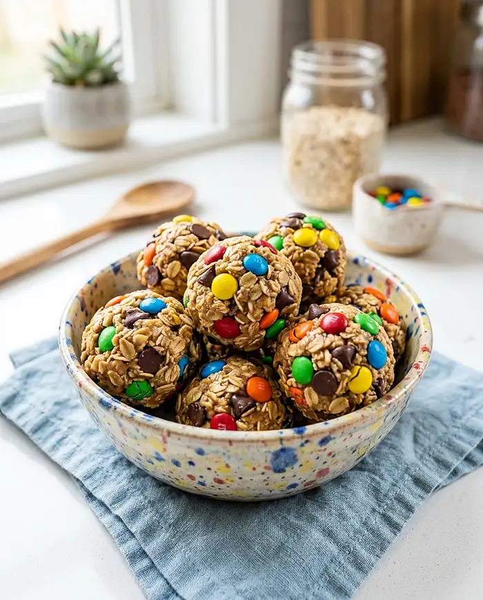 Monster cookie protein balls with oats, chocolate chips, and colorful candy pieces